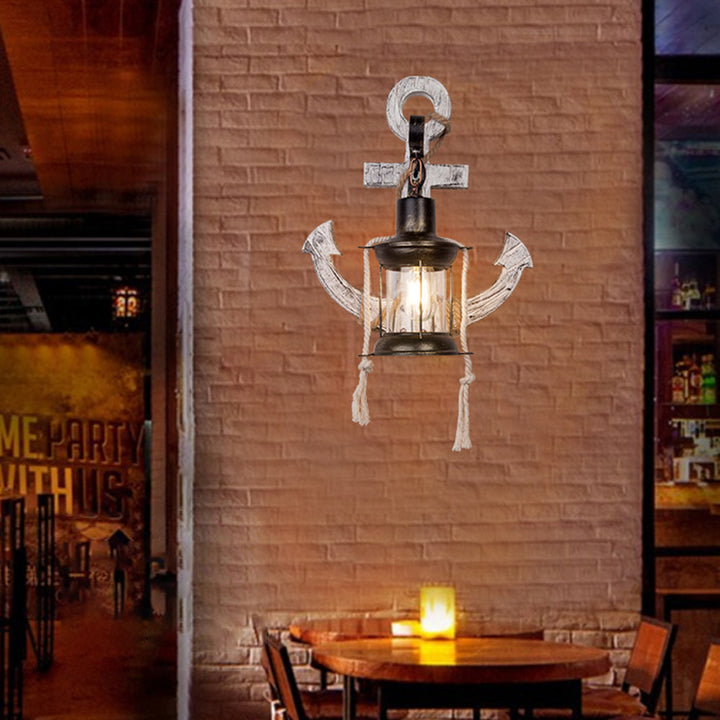 Rustic wood anchor wall lamp with lantern Bowlift