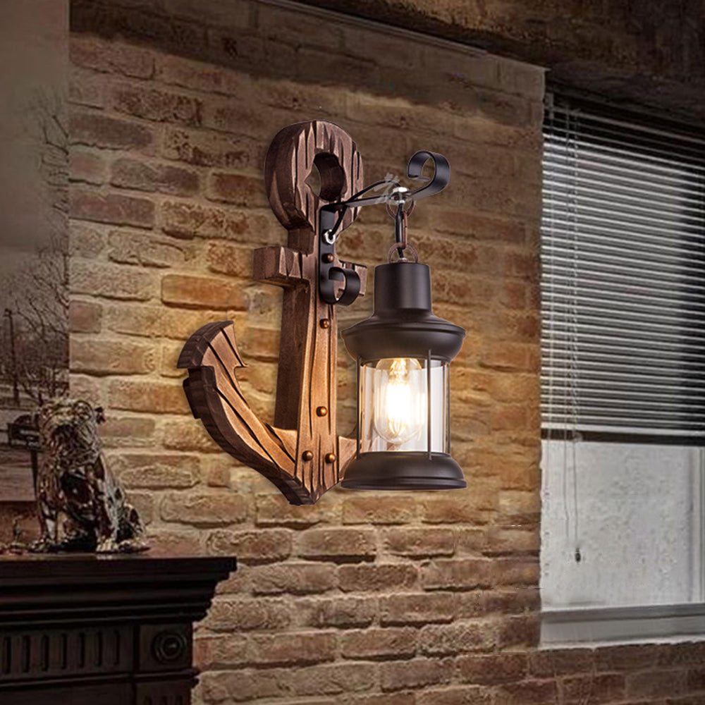 Rustic wood anchor wall lamp with lantern Bowlift