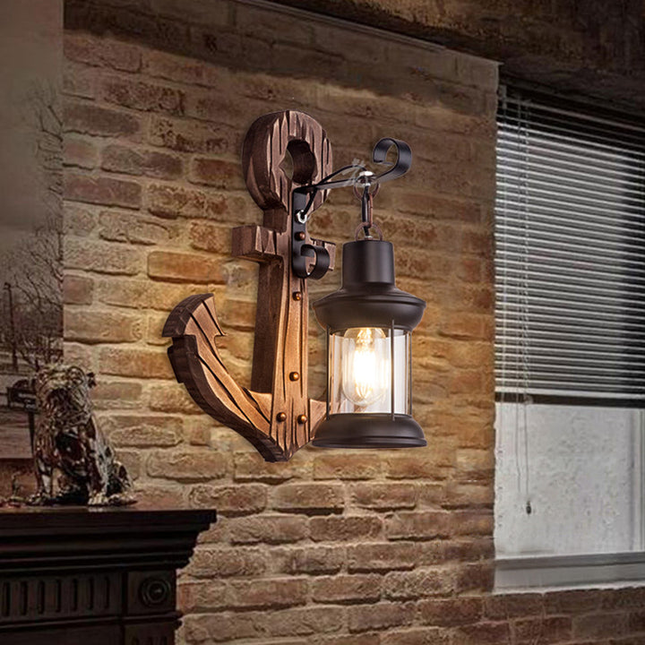 Rustic wood anchor wall lamp with lantern Bowlift