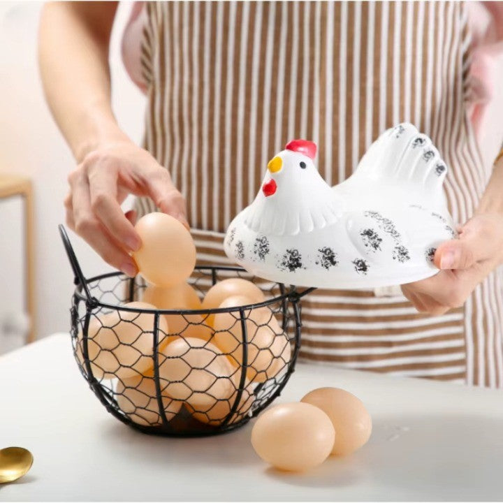 BowLift | Ceramic Egg Holder Chicken with Wire Basket