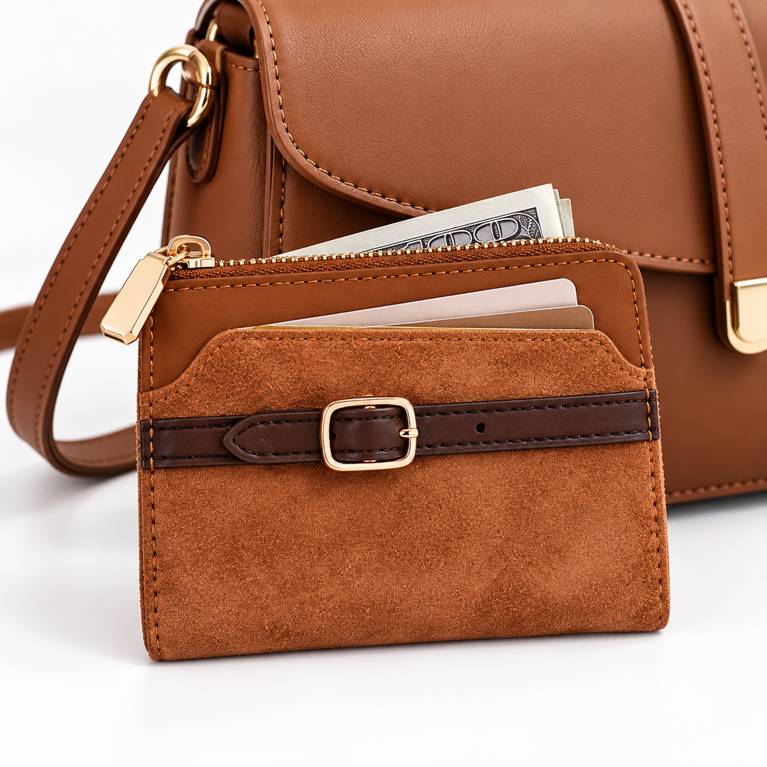 Compact Suede-Effect Bifold Wallet with Decorative Buckle and Zip Coin Pocket Bowlift