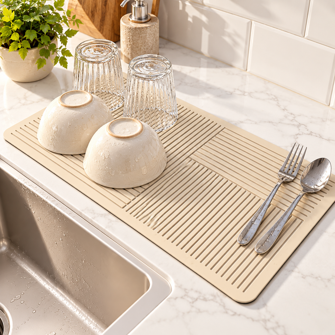 Silicone Heat-Resistant Kitchen Drying Mat with Non-Slip Grooved Drainage Bowlift
