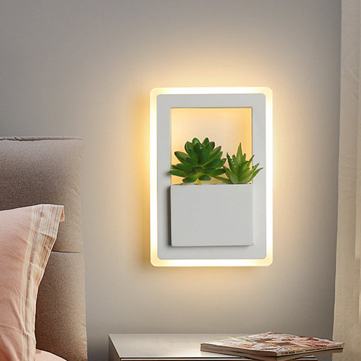 BowLift | White LED Wall Lighting Minimalist Acrylic Rectangles Wall Lamp with Plant Decoration for Bedroom, Warm/White Light