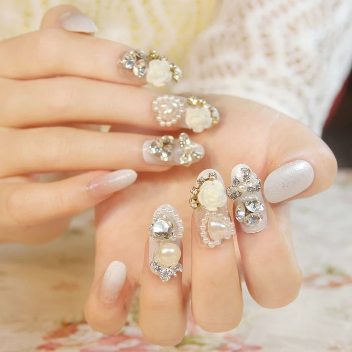 Decorative Nail Art Tips with Gem and Pearl Accents