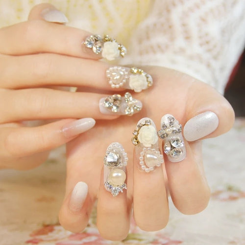 Decorative Nail Art Tips with Gem and Pearl Accents