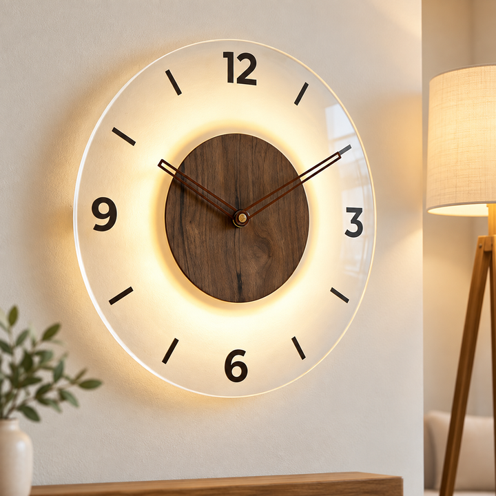 Modern Minimalist Glass Wall Clock with Wood Core and Decorative Leaf Hands Bowlift