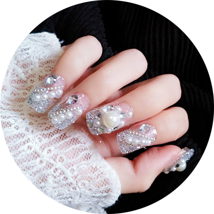 Elegant Pearl and Gem-Embellished Press-On Nails
