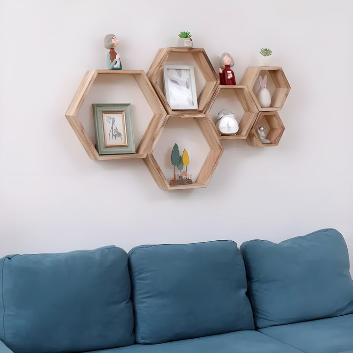 BowLift | Wall shelf set HexaWood | 5-piece | Hexagon design | Rustic wood look