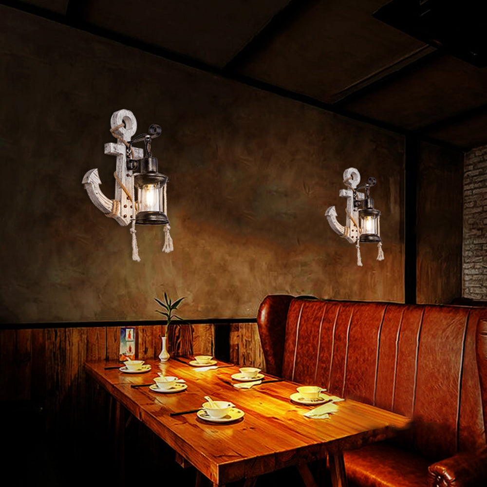Rustic wood anchor wall lamp with lantern Bowlift