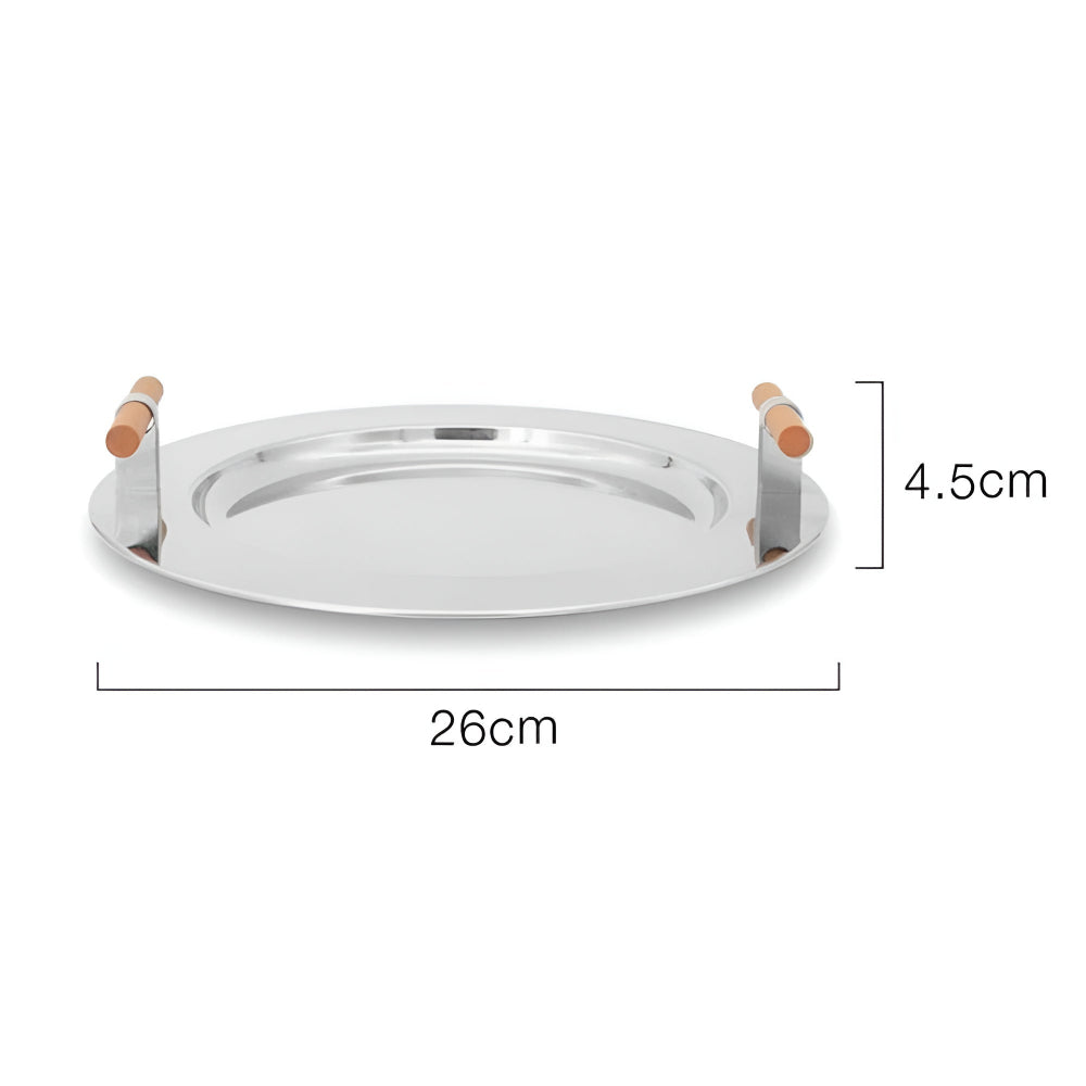 BowLift | Elegant Stainless Steel Round Tray with Wooden Handles