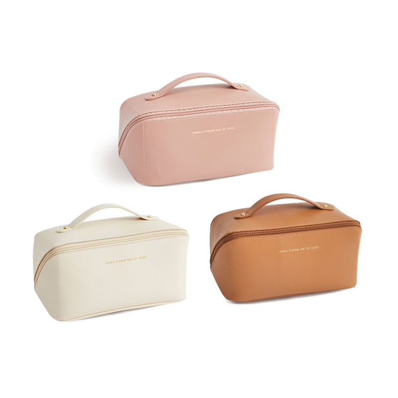 Large Travel Cosmetic Bag with Double-Layer Storage and Water-Resistant PU Leather
