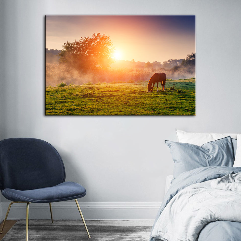 Sunrise Grazing Horse - Canvas Wall Art Painting | Bowlift