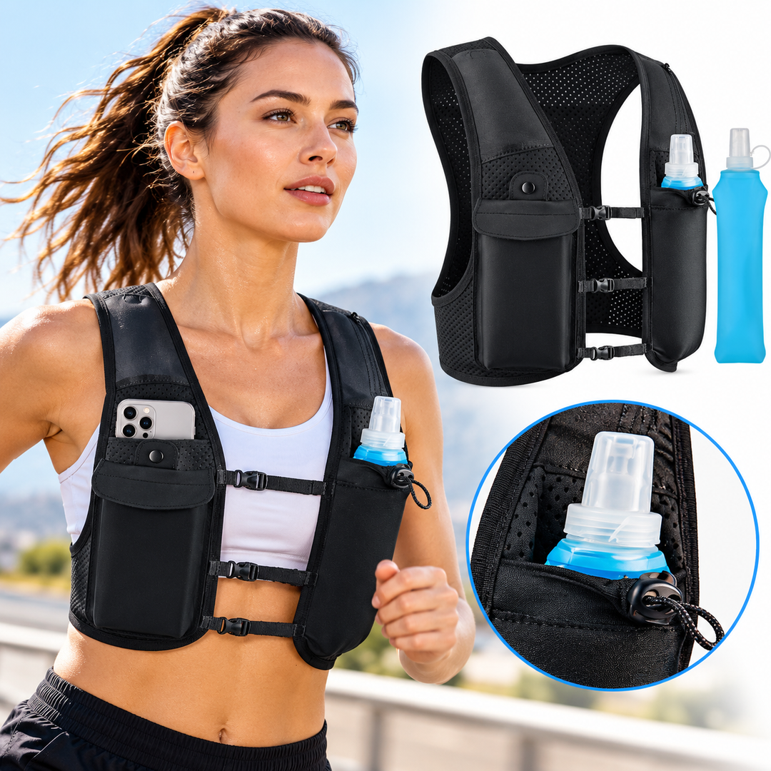 Hydration Running Vest with Adjustable Front Bottle Pockets and Breathable Perforated Mesh Bowlift