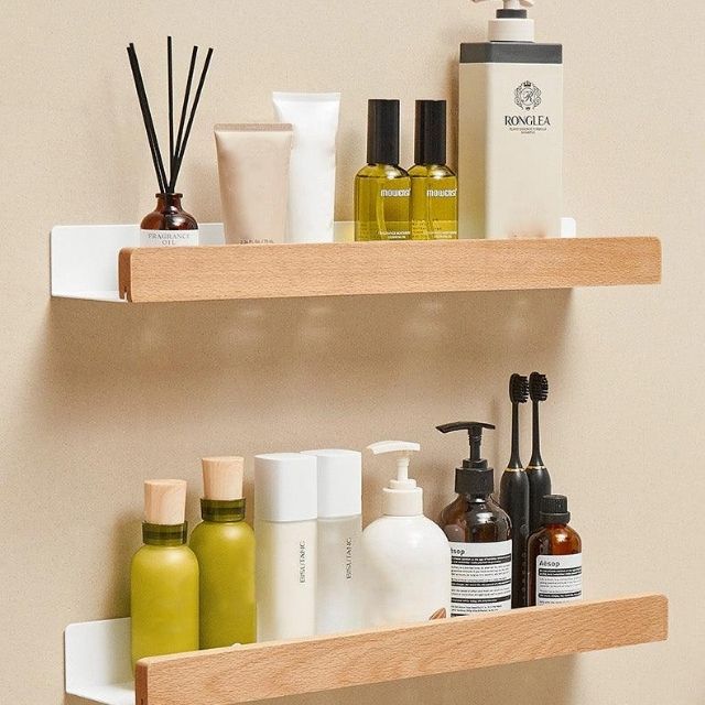 BowLift | Solid Wood Bathroom Shelf – No-Drill Wall-Mounted Organiser Rack