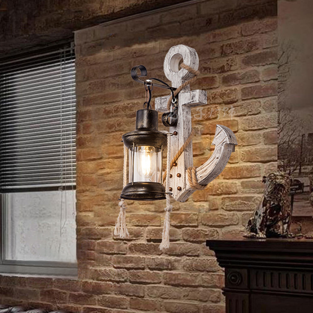 Rustic wood anchor wall lamp with lantern Bowlift