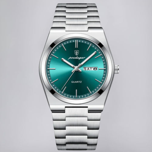 Stainless Steel Watch with Emerald Green Dial and Day-Date Display