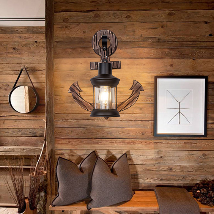 Rustic wood anchor wall lamp with lantern Bowlift