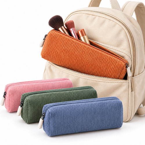 Corduroy Cosmetic Pencil Pouch with Zip Closure Bowlift