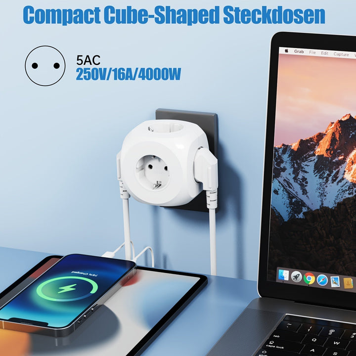 BowLift | Compact Portable Power Plug Cube with 5 Electric Outlets – Lightweight and Safe for Home, Office, and Travel