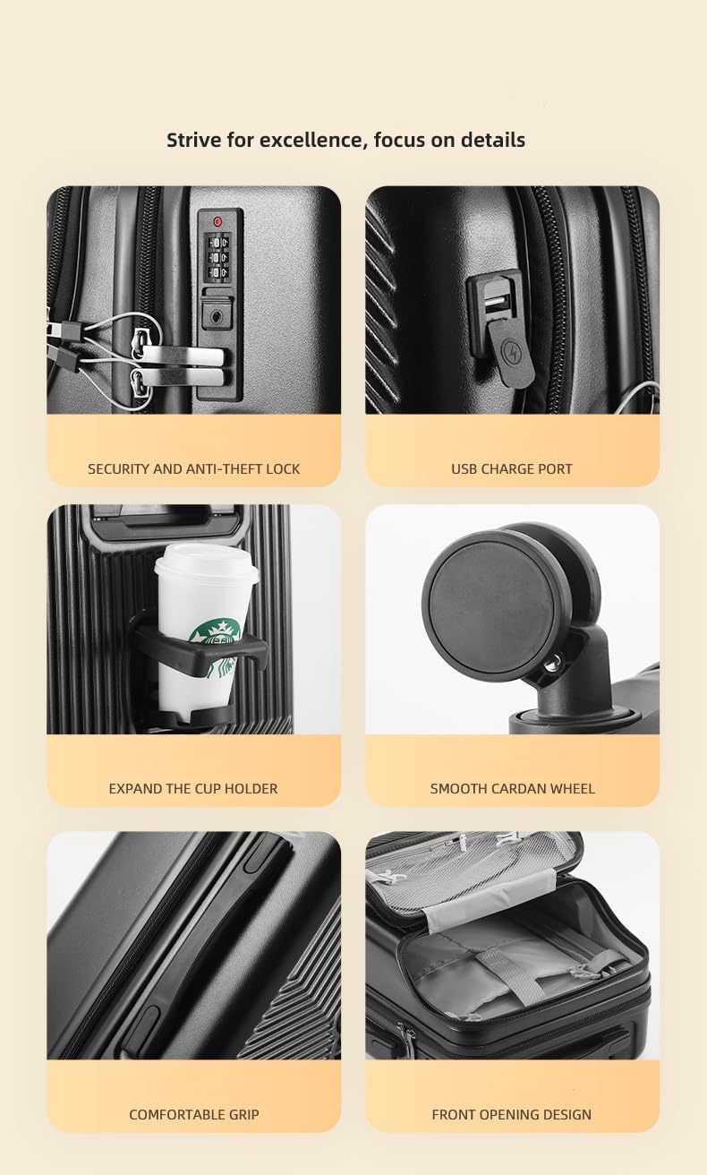 BowLift | Hard Shell Cabin Luggage with Cup Holder, USB Port & TSA Lock