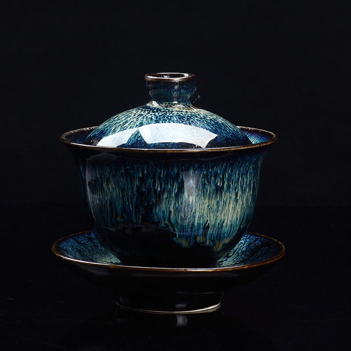 BowLift | Vintage Kiln Ceramic Gaiwan Sancai Tea Cup Tea Cup and Saucer with Lid