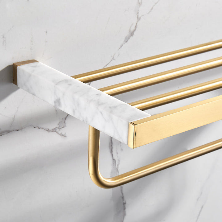 BowLift | Brushed Brass Bathroom Accessory Set Metal & Marble Bathroom Hardware Set with Bathtub Shelf