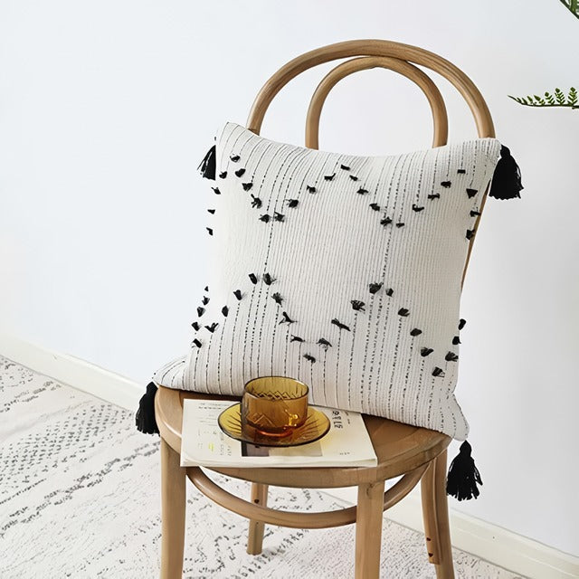 BowLift | White and Black Geometric Cushion Cover with Tassels