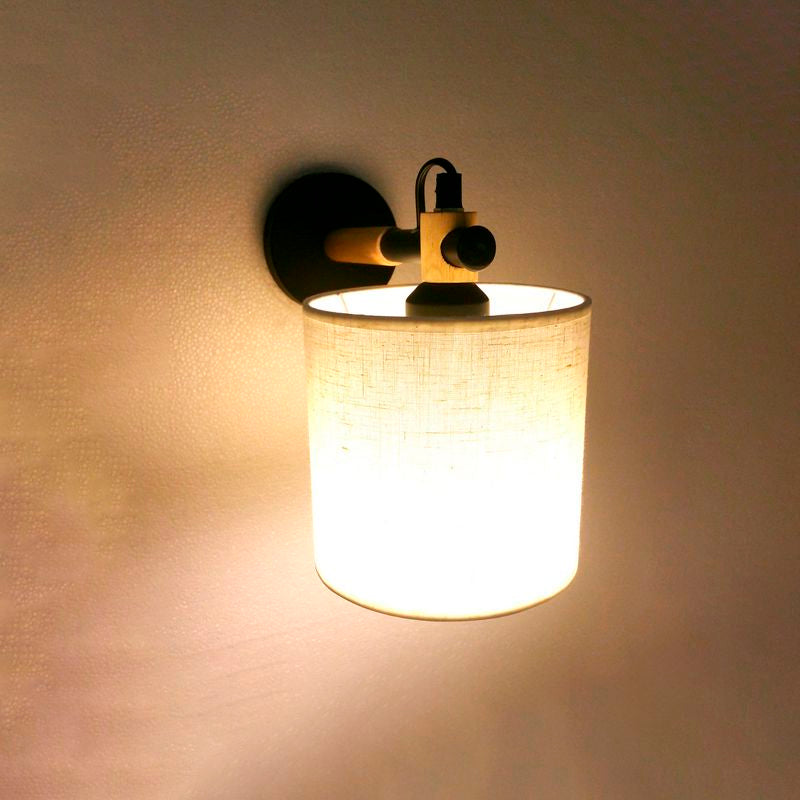 BowLift | Fabric Cylindrical Wall Light Modernist 1 Light Bedroom Wall Mounted Light with Wood Connection in Black/White