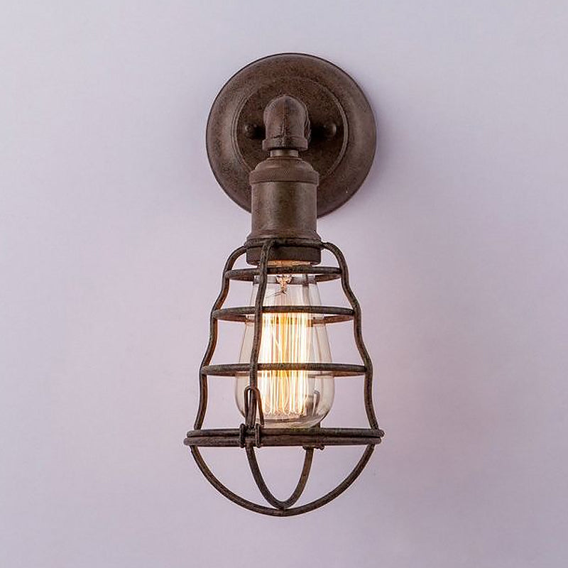 BowLift | Rust Finish Mini Wall Lamp with Cage Shade Antique Style Iron 1 Light Farmhouse Wall Mount Lighting
