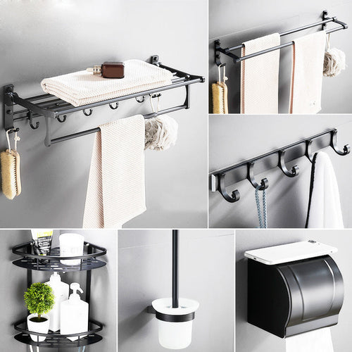 BowLift | 6-piece modern bathroom hardware set in matte black with bathroom shelf/towel holder & bathrobe hooks