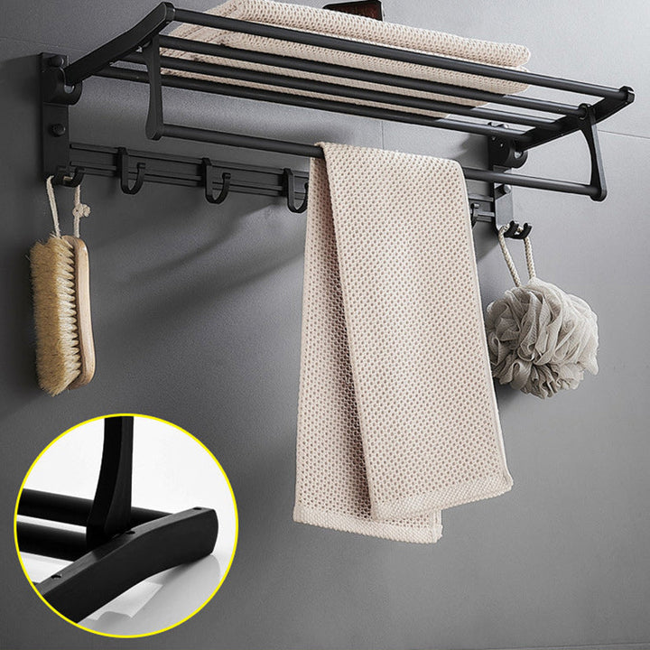 BowLift | 6-piece modern bathroom hardware set in matte black with bathroom shelf/towel holder & bathrobe hooks