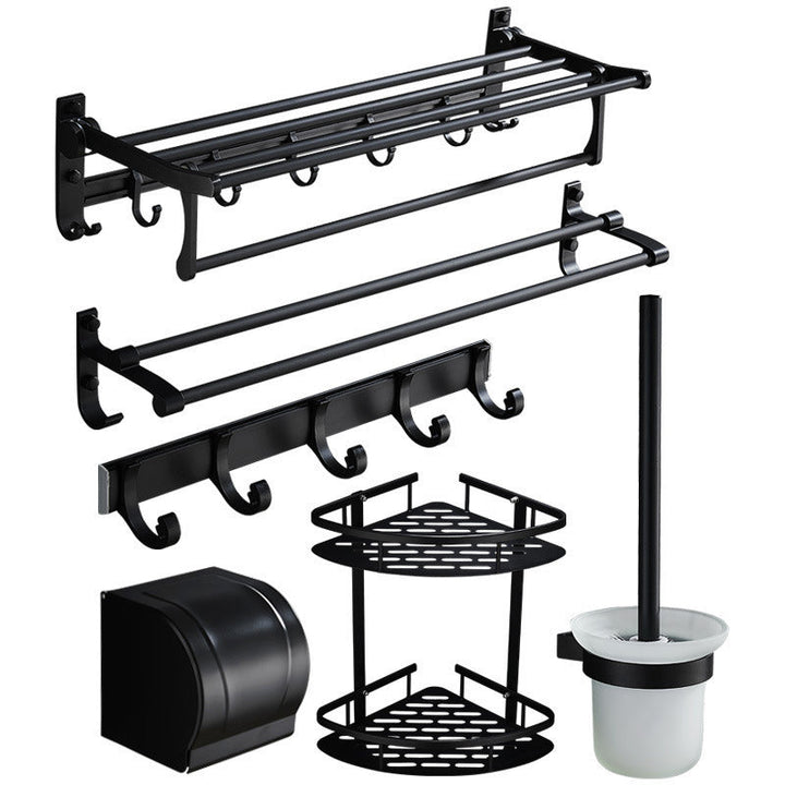 BowLift | 6-piece modern bathroom hardware set in matte black with bathroom shelf/towel holder & bathrobe hooks