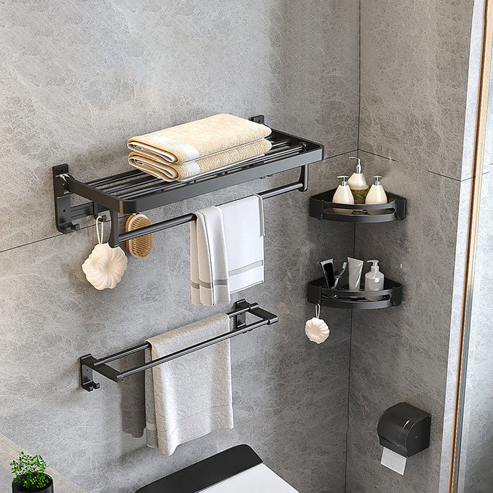 BowLift | Modern Matte Black Bathroom Accessory Set with Bath Shelf/Towel Hooks/Towel Bar