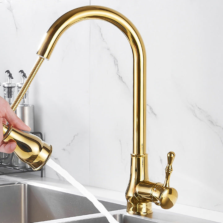 BowLift | Brushed Gold Kitchen Faucet High Arc Swivel Spout with Pull-Down Spray Head