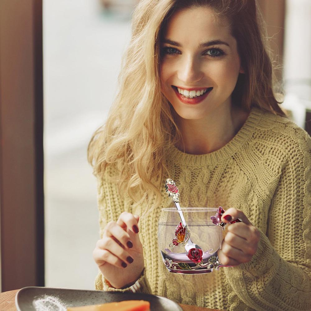 BowLift | Enamel Rose Glass Tea Cup Set (With Spoon)