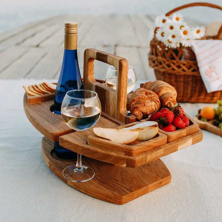 BowLift | Compact picnic table with wooden bottle holder