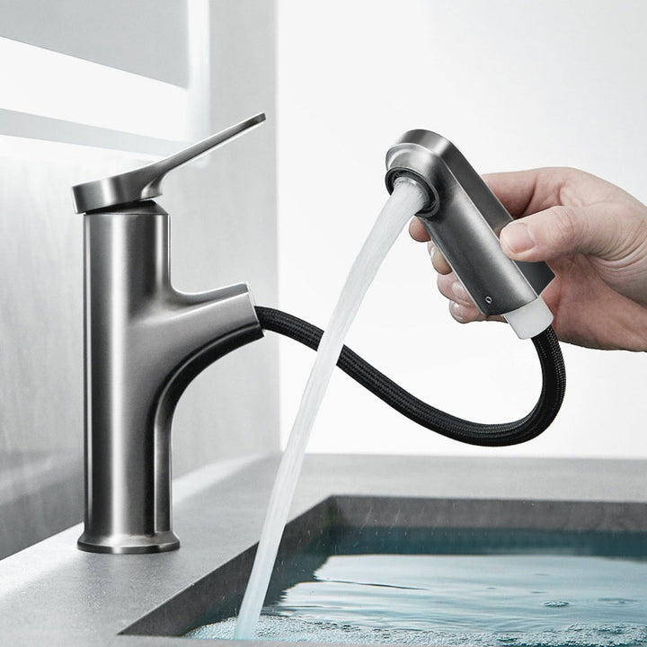 BowLift | Contemporary Bath Faucet Brass Lever Handle Pull-Out Sink Faucet