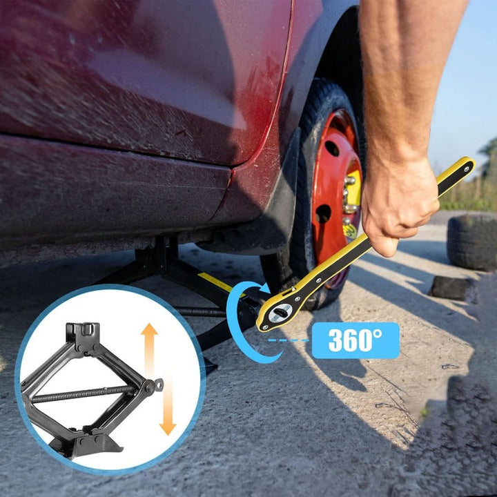 Heavy-Duty Scissor Jack Ratchet Wrench – 360° Rotating Tire Lift Tool with Cross Adapter Kit Bowlift