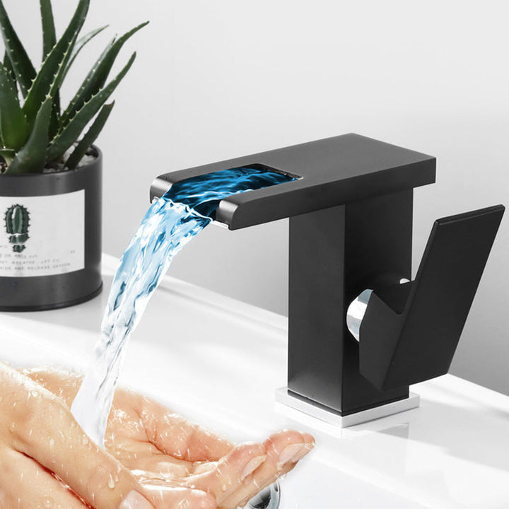 BowLift | Contemporary Square Vessel Faucet Waterfall Spout with LED Three-Color Illumination
