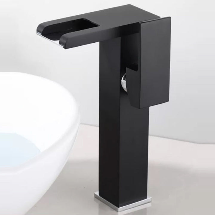 BowLift | Contemporary Square Vessel Faucet Waterfall Spout with LED Three-Color Illumination