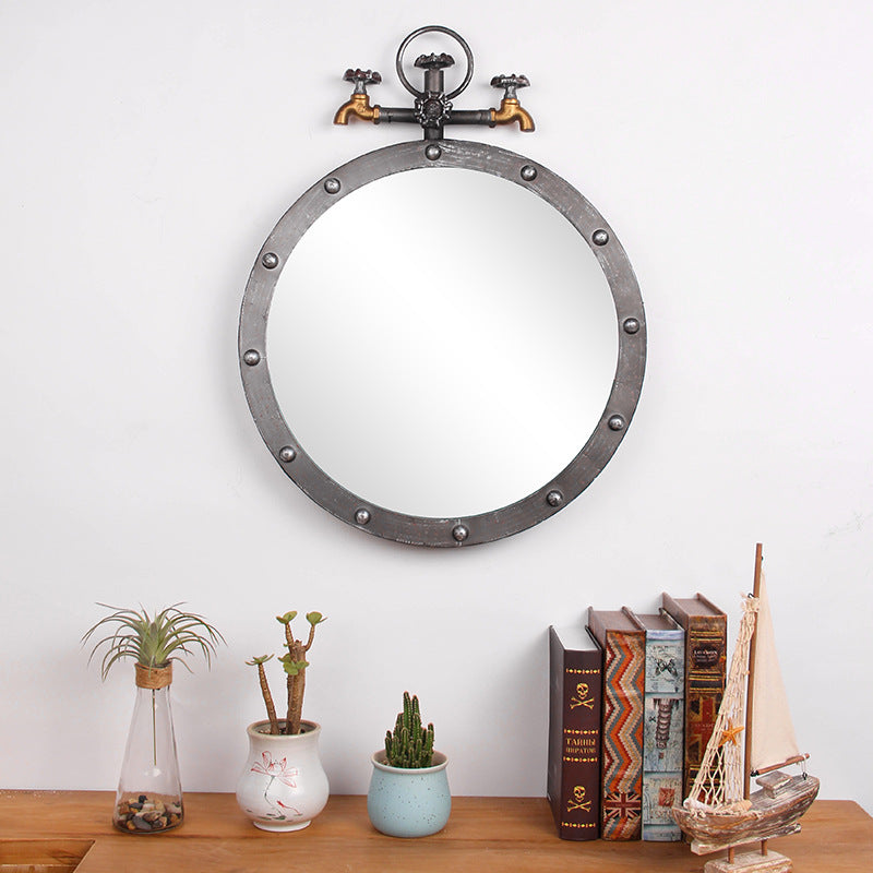 Industrial-Style Round Wall Mirror with Vintage Pipe Design Bowlift