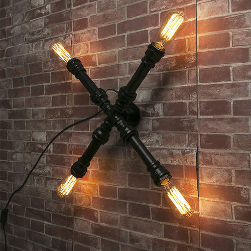 BowLift | 4 bulbs X-shaped wall lighting with water pipe industrial black finish wrought iron wall lamp