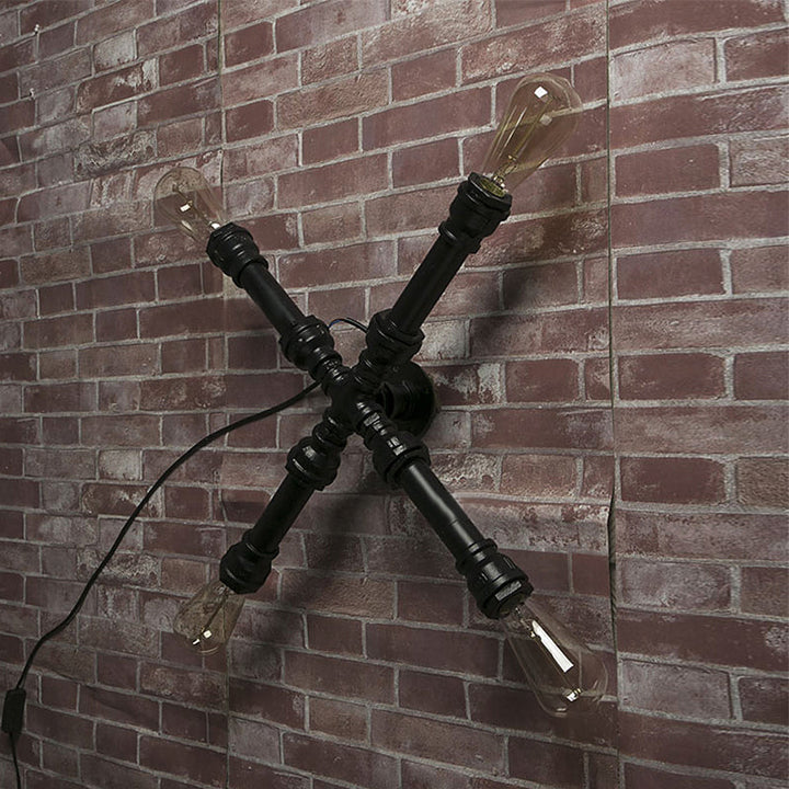 BowLift | 4 bulbs X-shaped wall lighting with water pipe industrial black finish wrought iron wall lamp