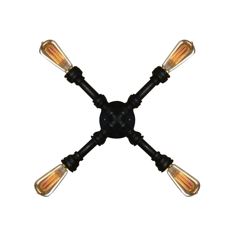 BowLift | 4 bulbs X-shaped wall lighting with water pipe industrial black finish wrought iron wall lamp
