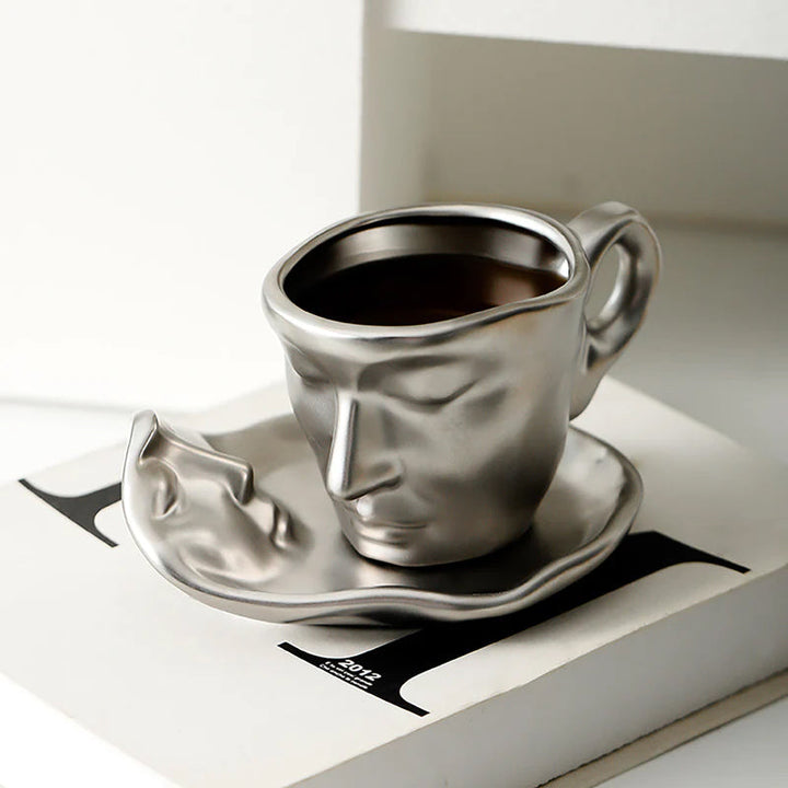 Metal Touching Face Creative Ceramic Kiss Coffee Cup, Artistic Vibe Mug & Saucer Set | Bowlift