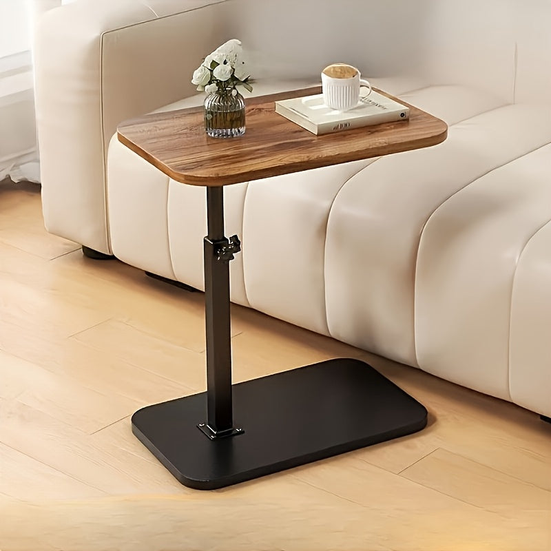 Adjustable Side Table with Natural Wood-Finish Top and Metal Frame for Sofa or Bed
