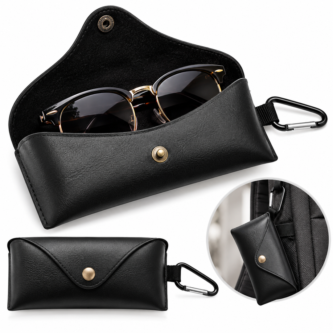 Compact PU Leather Snap-Closure Sunglasses Case with Carabiner Bowlift