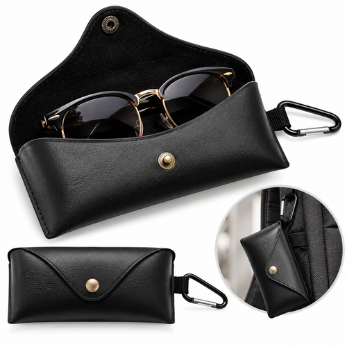 Compact PU Leather Snap-Closure Sunglasses Case with Carabiner Bowlift