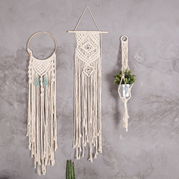 Macrame-Wall-Hanging-Set with handmade fringes and Boho-seat-cushion