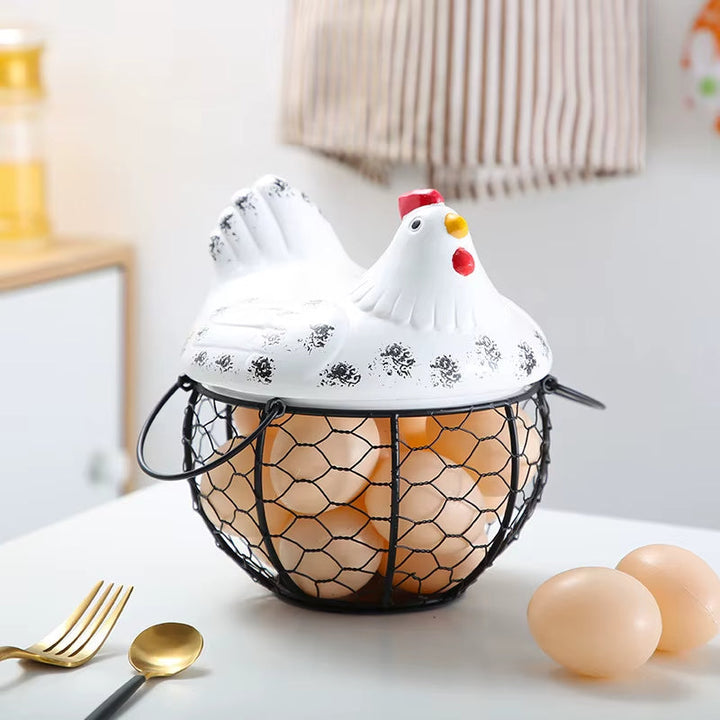 BowLift | Ceramic Egg Holder Chicken with Wire Basket